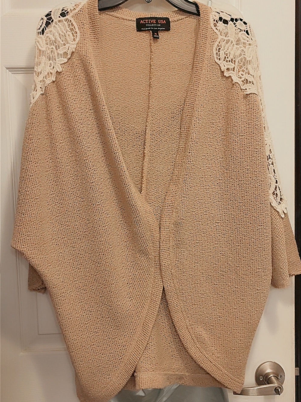 Active USA Beige Cardigan with Cream Crochet Shoulders